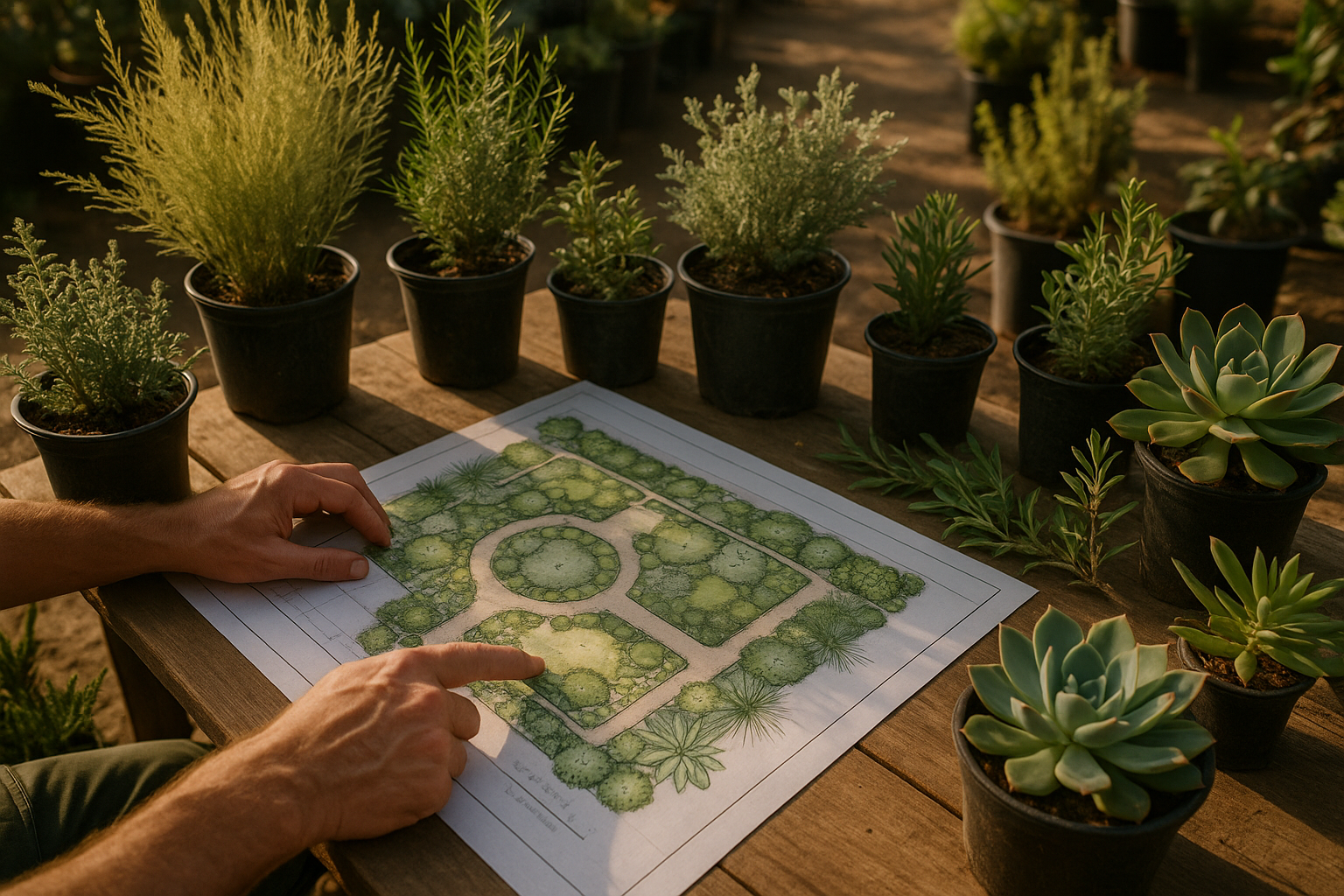 Diseñadora paisajista revisando planos de jardín junto a plantas en macetas en un vivero mendocino