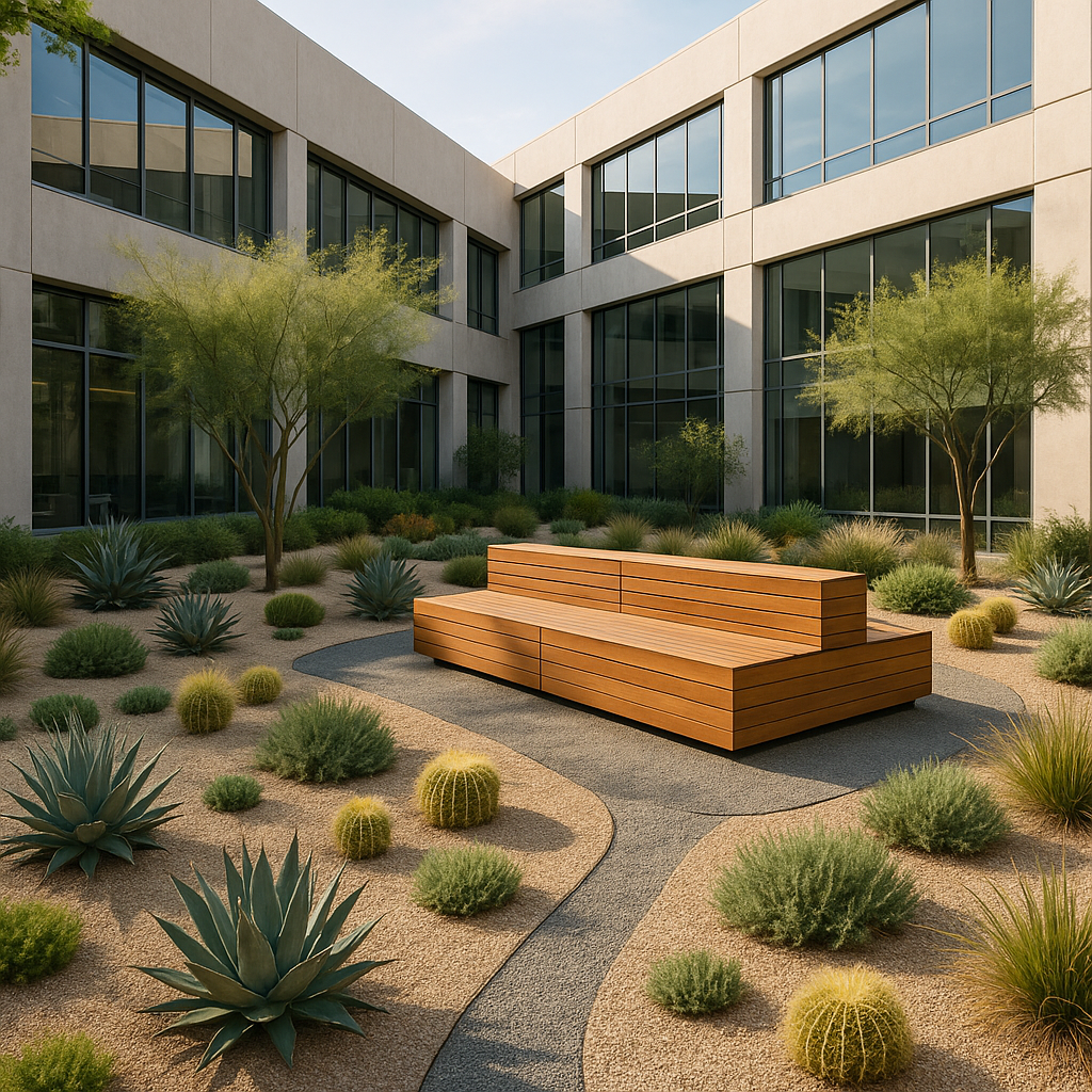 Patio corporativo con vegetación árida, arena decorativa y bancos de madera