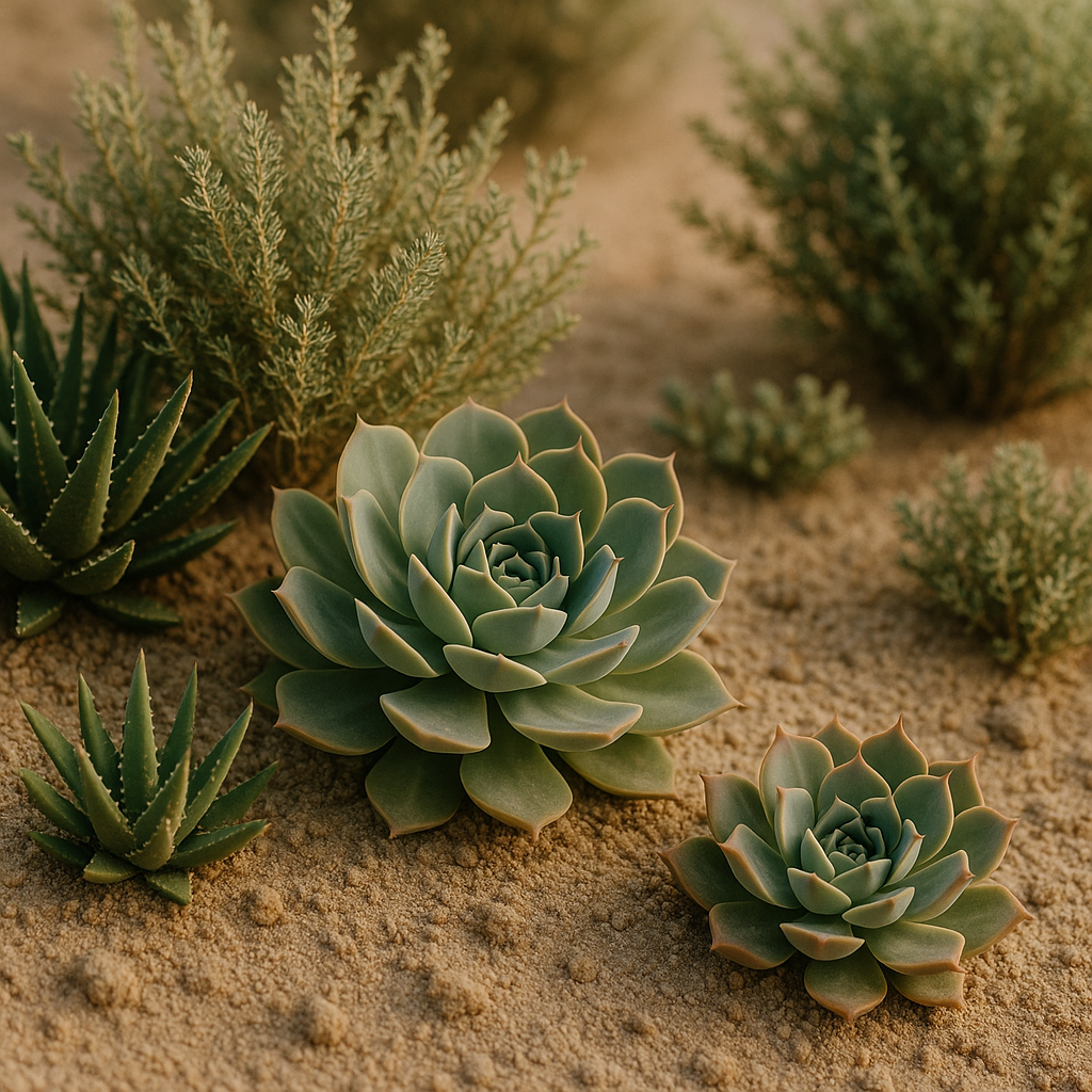 Detalle de plantas suculentas y arbustos autóctonos en un jardín de estilo Forest and Sand