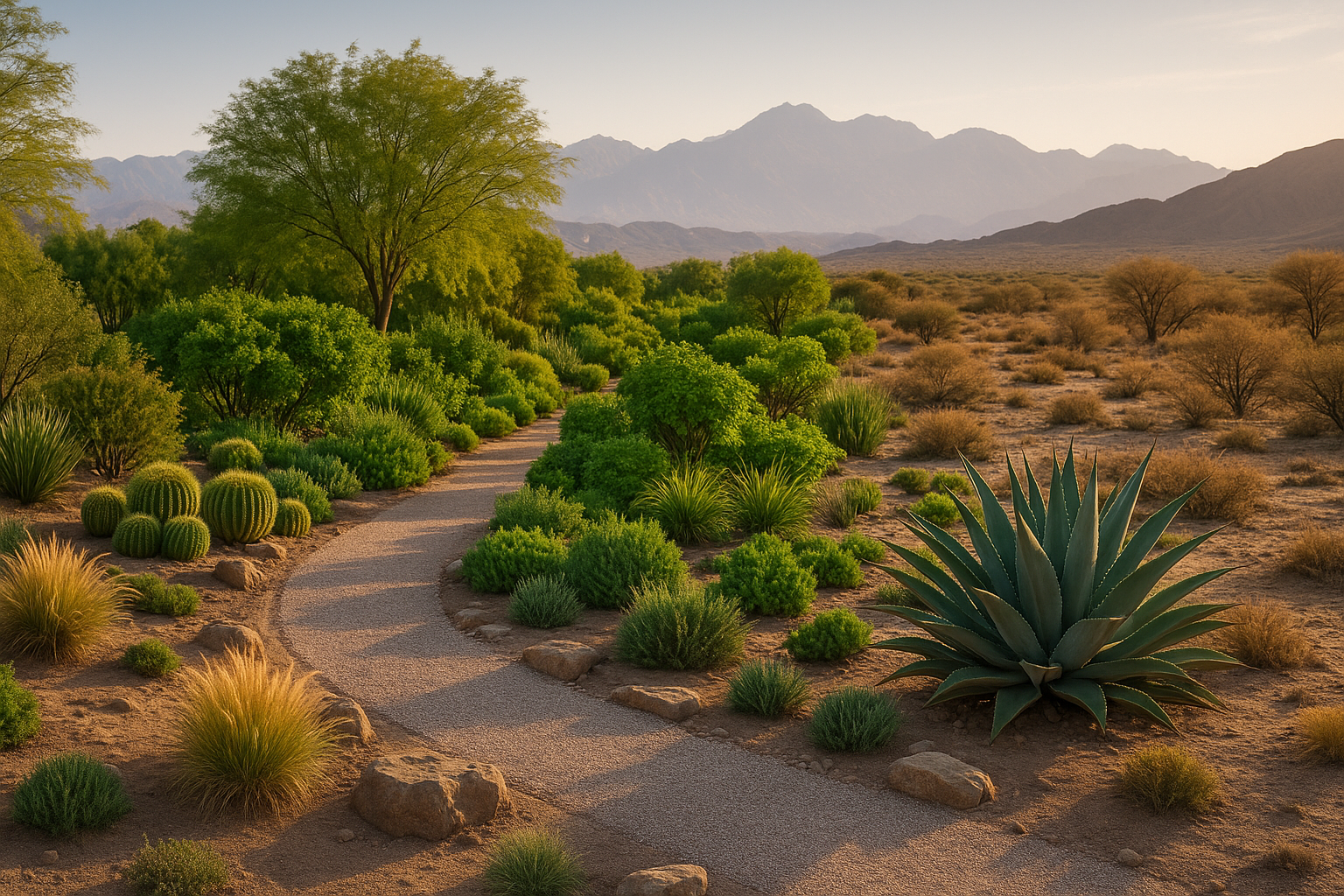Jardín mendocino con plantas nativas, piedras y senderos de arena rodeado de montañas al fondo
